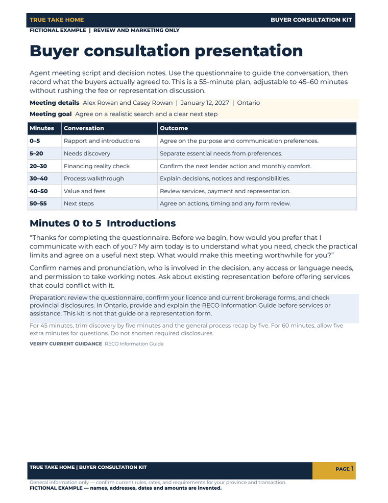 Actual 55-minute consultation agenda and introduction script, filled for a fictional buyer meeting.