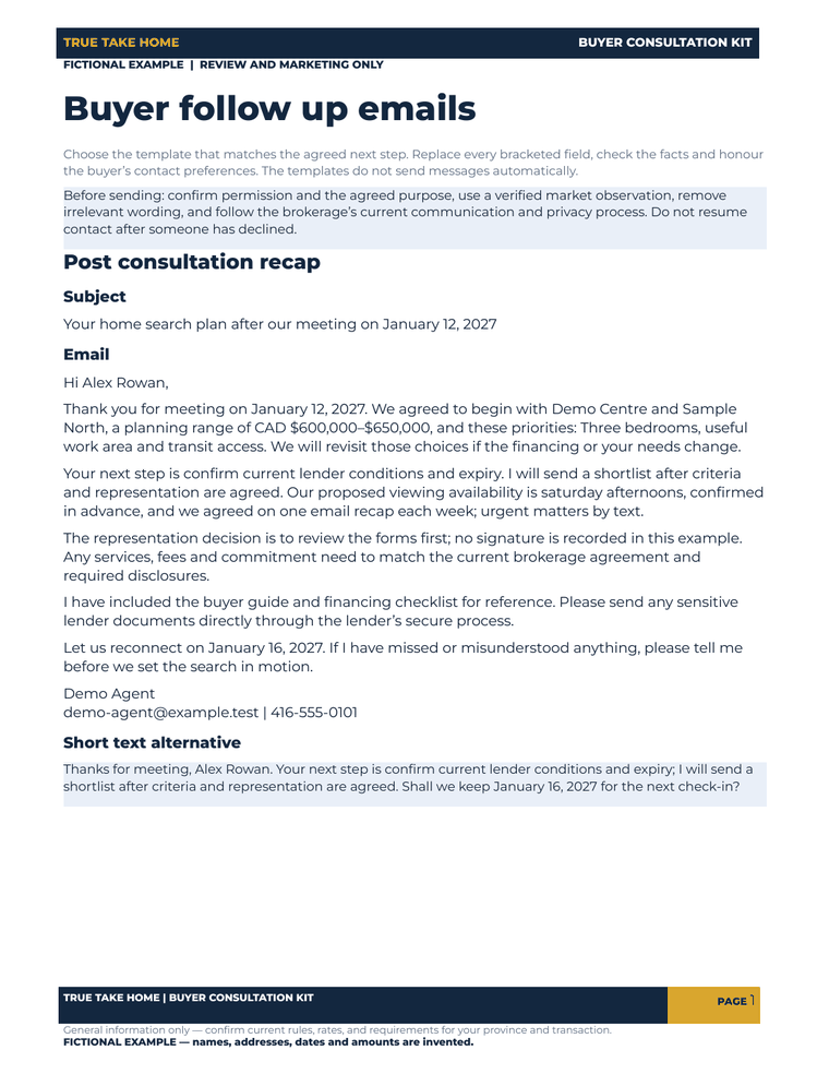 Actual filled post-consultation recap email and matching short-text alternative for fictional clients.