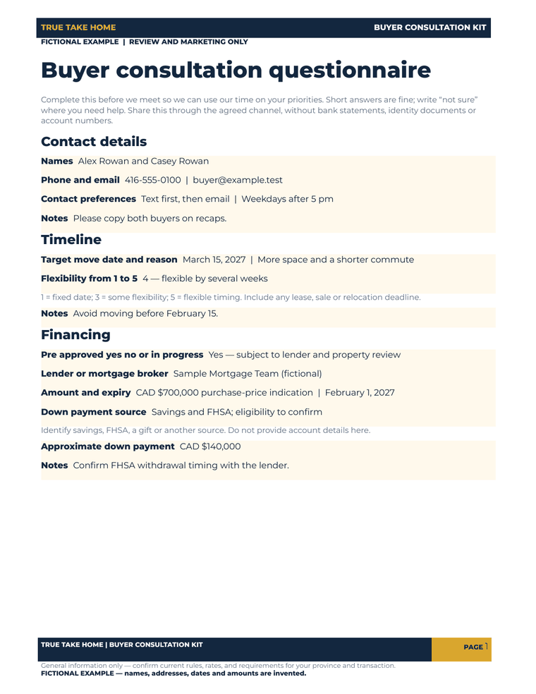 Filled fictional buyer questionnaire for Alex and Casey Rowan: timing, contact preferences and financing.