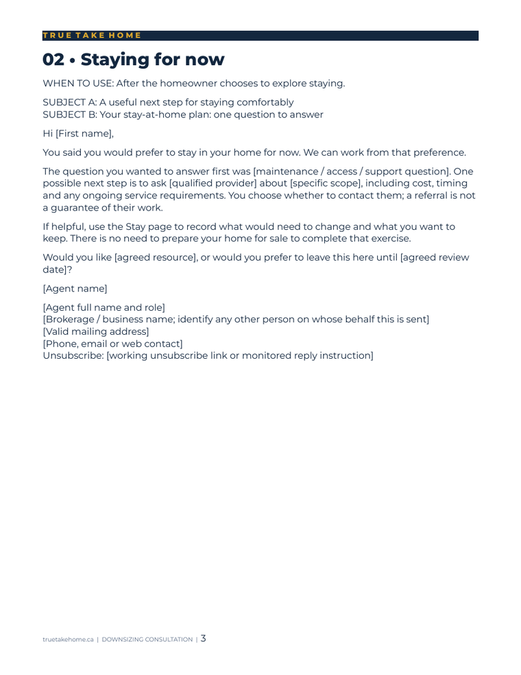 Actual staying-related follow-up email template with editable personalization prompts.