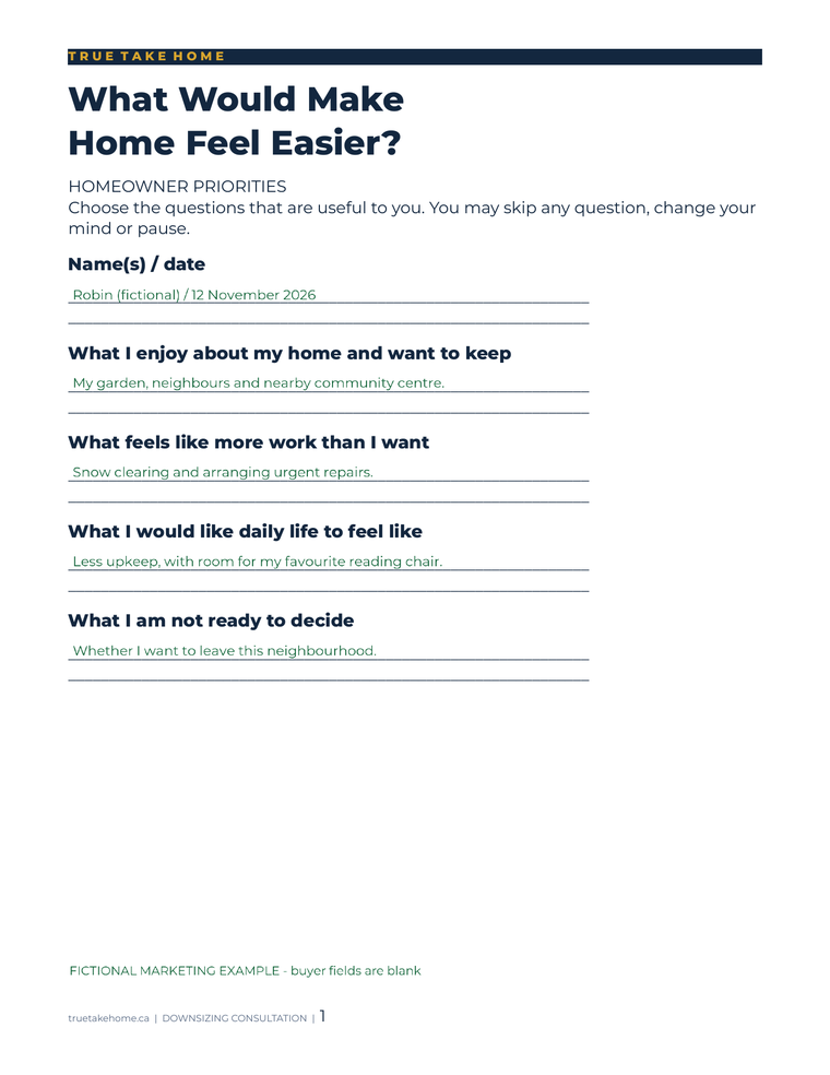 Actual homeowner-priorities worksheet with clearly labelled fictional green answers.