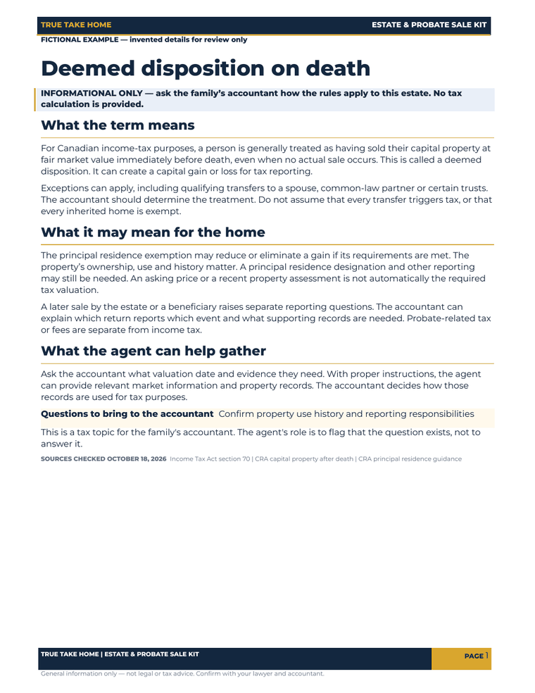 Actual one-page Deemed Disposition on Death explainer with a fictional accountant-question field.