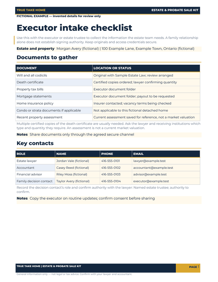 Filled fictional Executor Intake Checklist showing document gathering, contacts and estate questions.