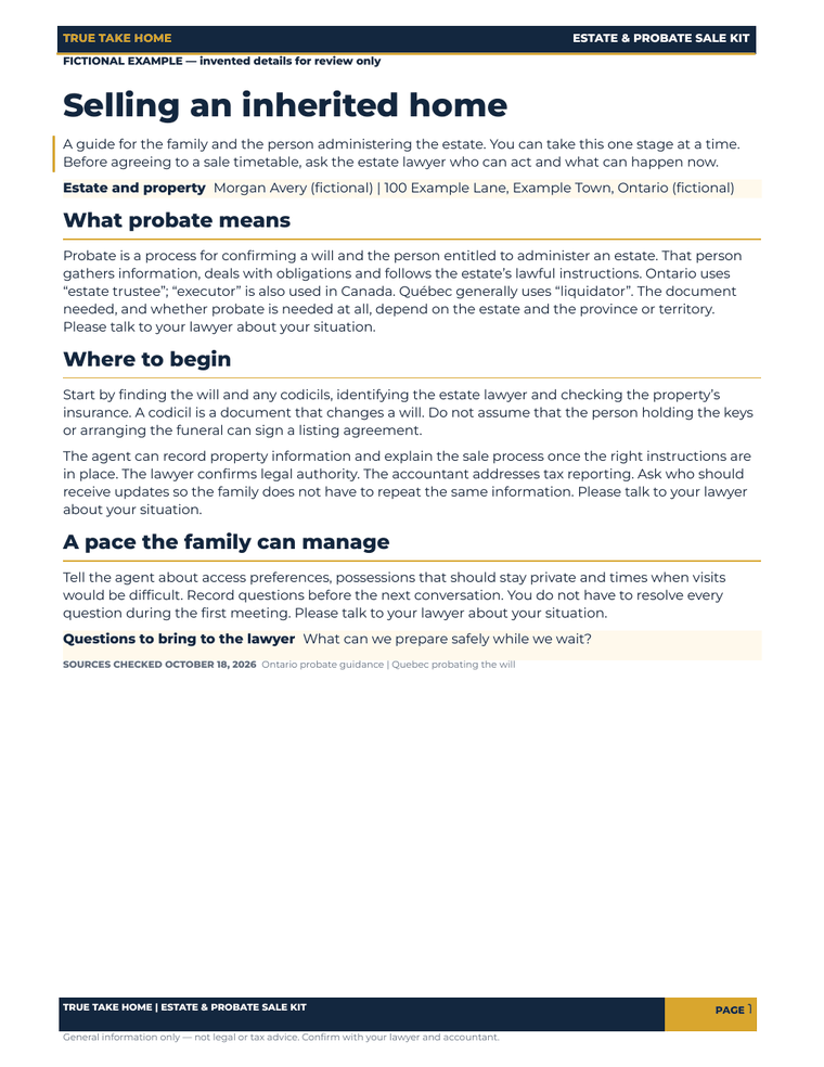 Actual family guide with fictional estate fields filled and the gold TrueTakeHome dividers.