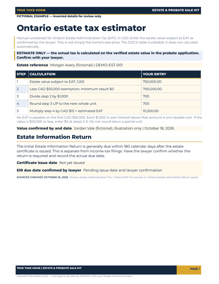 Filled fictional Ontario Estate Administration Tax worksheet: CAD $750,000 estate value and CAD $10,500 estimated tax.