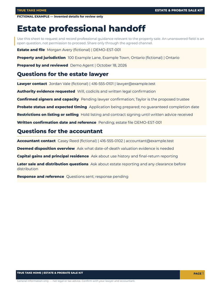 Filled fictional professional handoff with authority, probate timing and accountant questions.