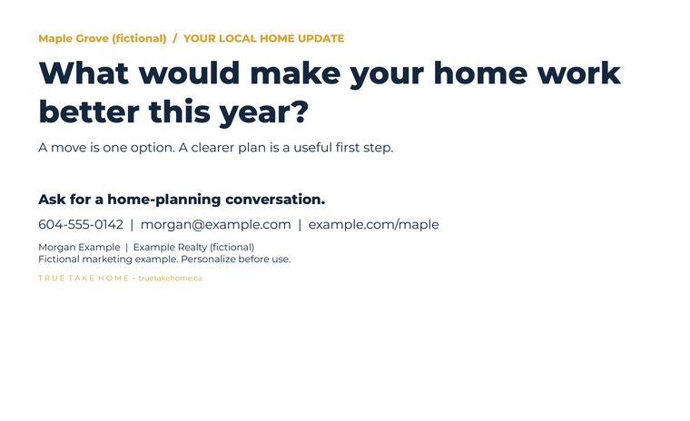 Actual editable neighbourhood mailer with clearly labelled fictional Maple Grove content.