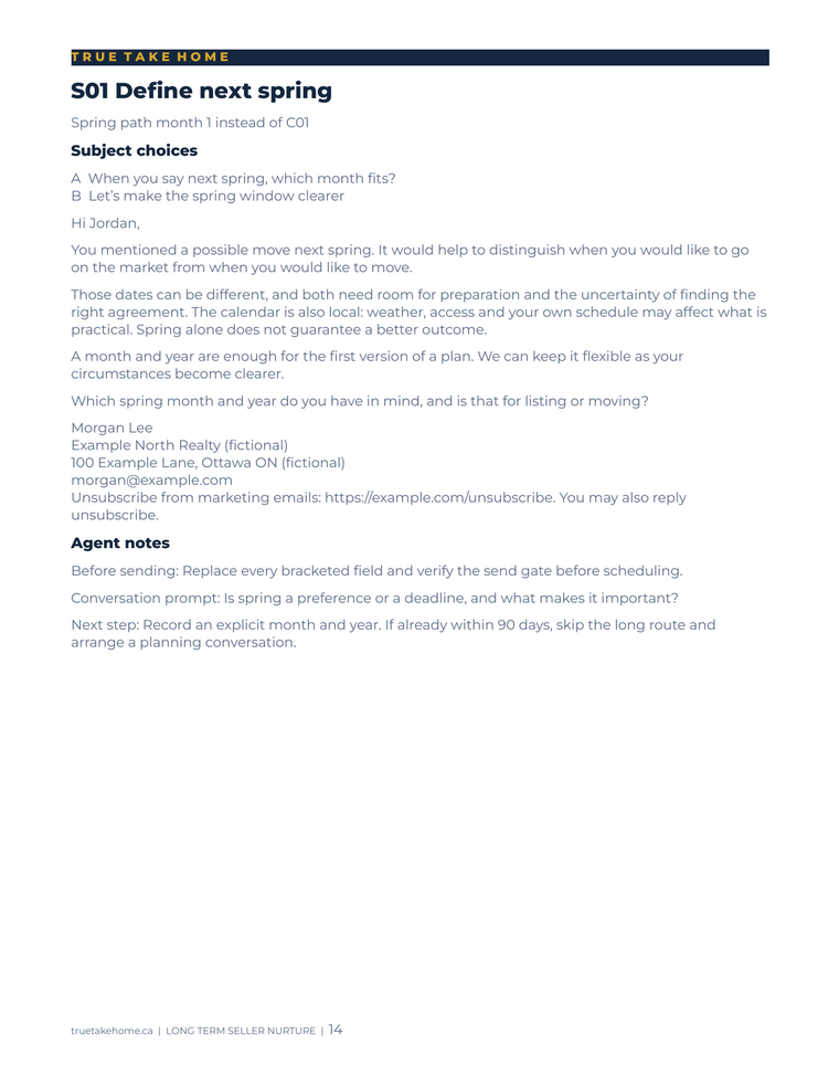 Actual next-spring seller email with fictional homeowner and sender details.