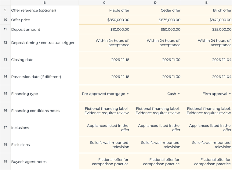 Actual fictional offer inputs for Maple, Cedar and Birch with price, deposit, financing and closing dates.
