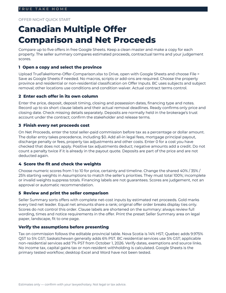 Actual one-page TrueTakeHome quick-start guide covering setup, costs, scoring and the seller comparison.