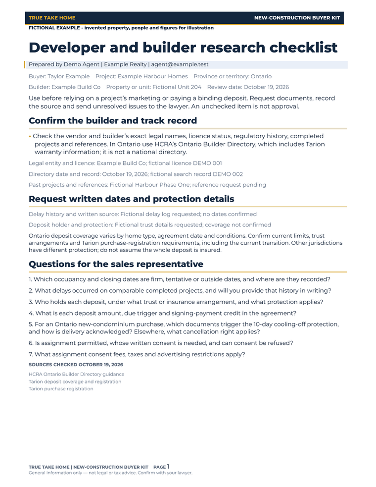 Actual filled fictional developer checklist from the Canadian Pre-Construction Buyer Kit.