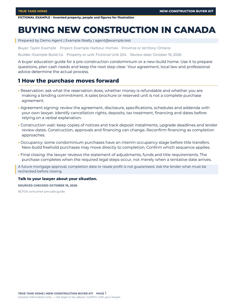 Actual filled fictional buyer guide from the Canadian Pre-Construction Buyer Kit.