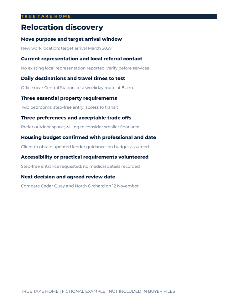 Relocation Client Kit filled Relocation discovery worksheet