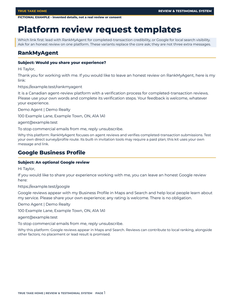 Filled fictional RankMyAgent, Google and Rate-My-Agent request variants.