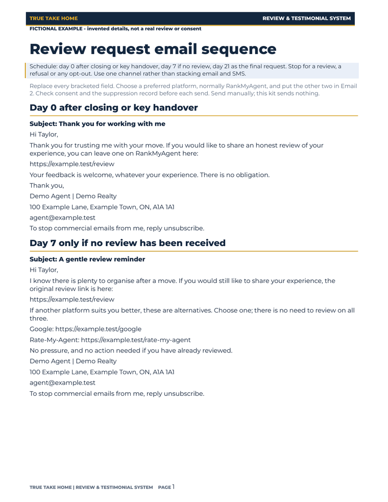 Filled fictional review-request email with TrueTakeHome navy and gold styling.
