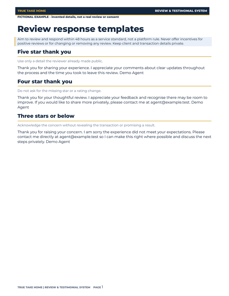 Actual review-response document with fictional agent and brokerage placeholders filled.