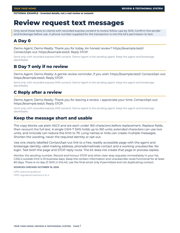 Filled fictional SMS request, reminder and thank-you templates.