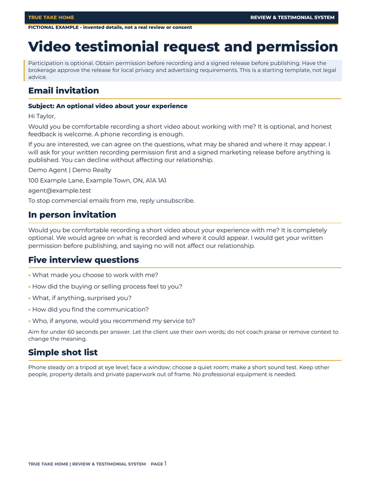 Filled fictional video-testimonial invitation and interview planning page.