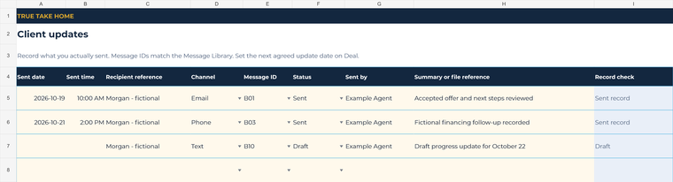 Fictional client-update records showing sent email and phone updates and a draft text with message IDs.