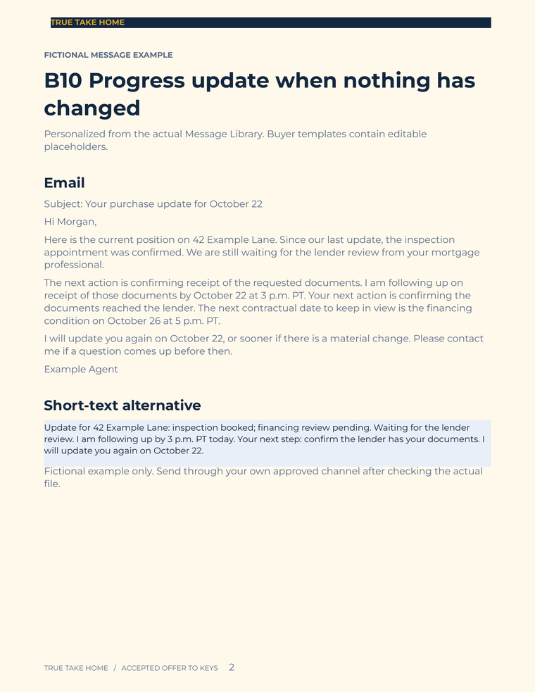 Fictional buyer progress email and its matching short-text alternative, personalized from message B10.